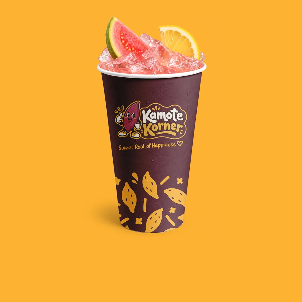 Pink guava lemonade in a Kamote Korner cup